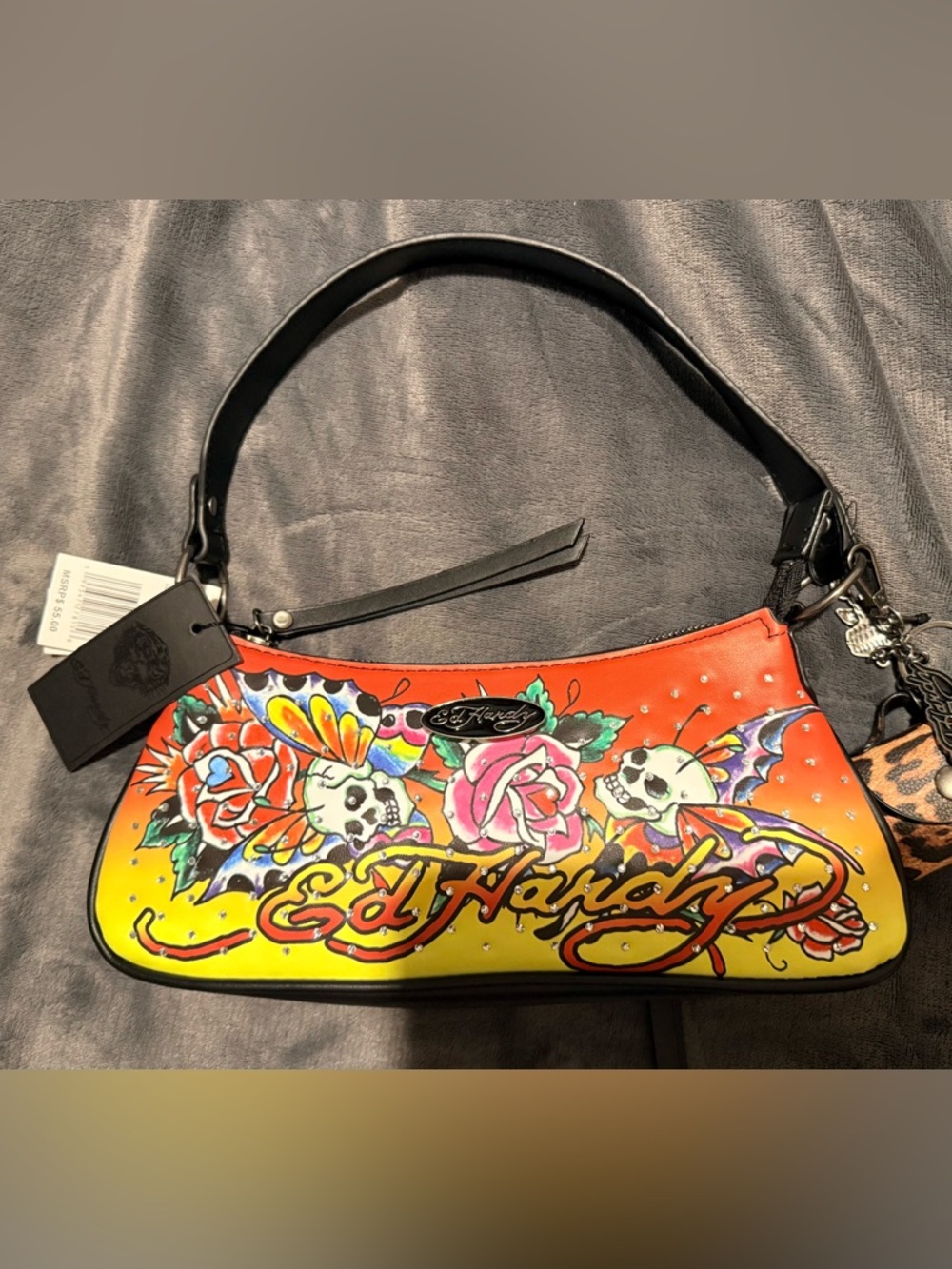 Ed Hardy Women's Orange to Yellow Ombre Shoulder Bag with Graphic Skull & Rose